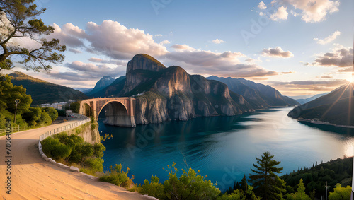 Un hermoso puente de piedra junto a una costa pacífica photo