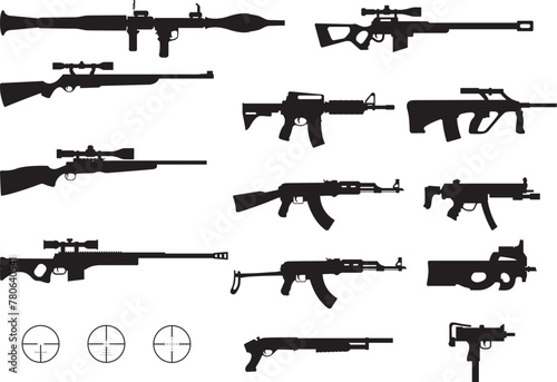 Set of Various Rifles Weapons -Vector Silhouettes 