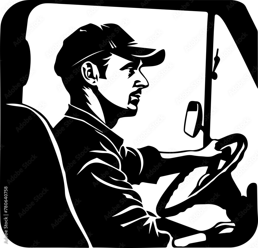 Side profile silhouette of a focused truck driver, ideal for transport, logistics, and travel-related concepts.