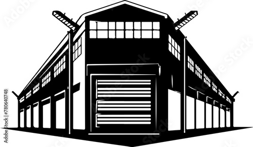 A stark silhouette of an industrial warehouse, key for themes of storage, logistics, and manufacturing.
