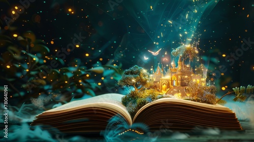 Fantasy and literature concept. 3D style Illustration of magical book with fantasy stories inside it. The concept for World Book Day background with copy space. Beautiful background.