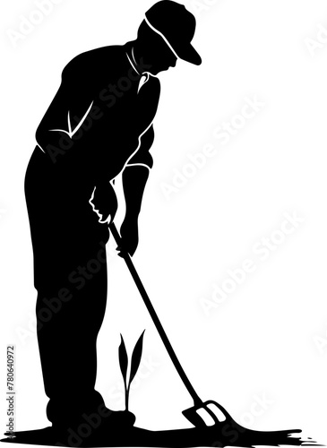 A strong silhouette of a farmer tilling the soil, depicting agriculture, cultivation, and rural life.