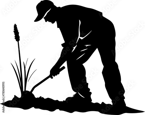 A strong silhouette of a farmer tilling the soil, depicting agriculture, cultivation, and rural life.