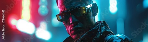 Cybernetic mafia boss in a fantasy galaxy, dim lit, close-up, noir style