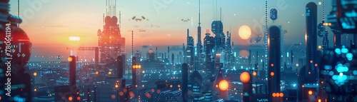 Dystopian skyline pierced by towering biotech spires, molecular patterns glowing in twilight. photo