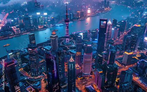 China riverside city night scenery,created with Generative AI tecnology.