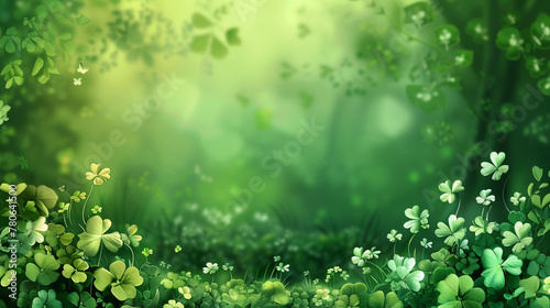A backdrop of a lush green landscape adorned with clover leaves and shamrocks,