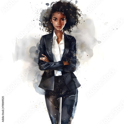 Watercolor Clipart of a Confident Black Woman in Business Attire, Exuding Professionalism and Modern Elegance photo