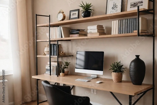 Aesthetic working room or office with a wooden desk, chair, and furniture in a beige color theme. Cozy Home Office Concept.