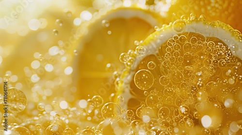 Close-up of fresh lemon slices and sparkling bubbles