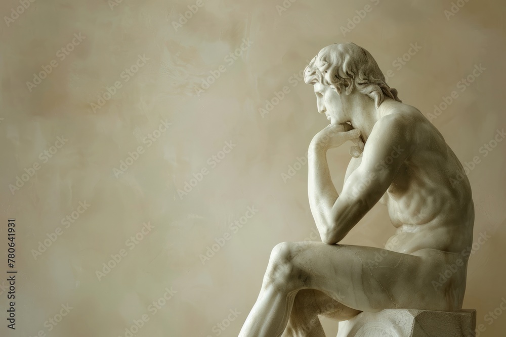 Marble statue in thinking pose on a pastel beige background Marble statue in thinking pose on a pastel beige background