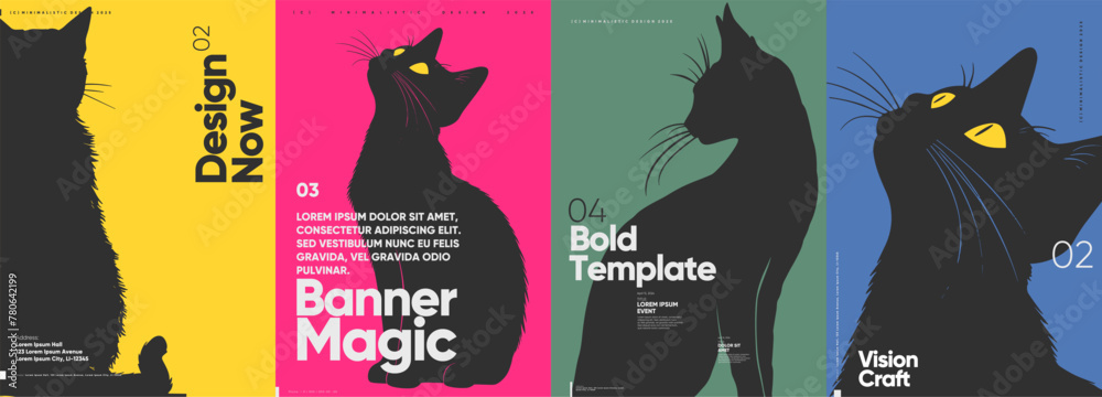 A series of minimalistic posters featuring black cat silhouettes with contrasting typography. - obrazy, fototapety, plakaty 