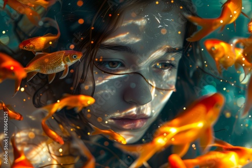 Girl surrounded by gold fishes