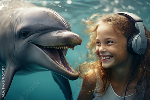 People swimming with dolphins aquapark Generative AI creation colorful summer picture selfie photo