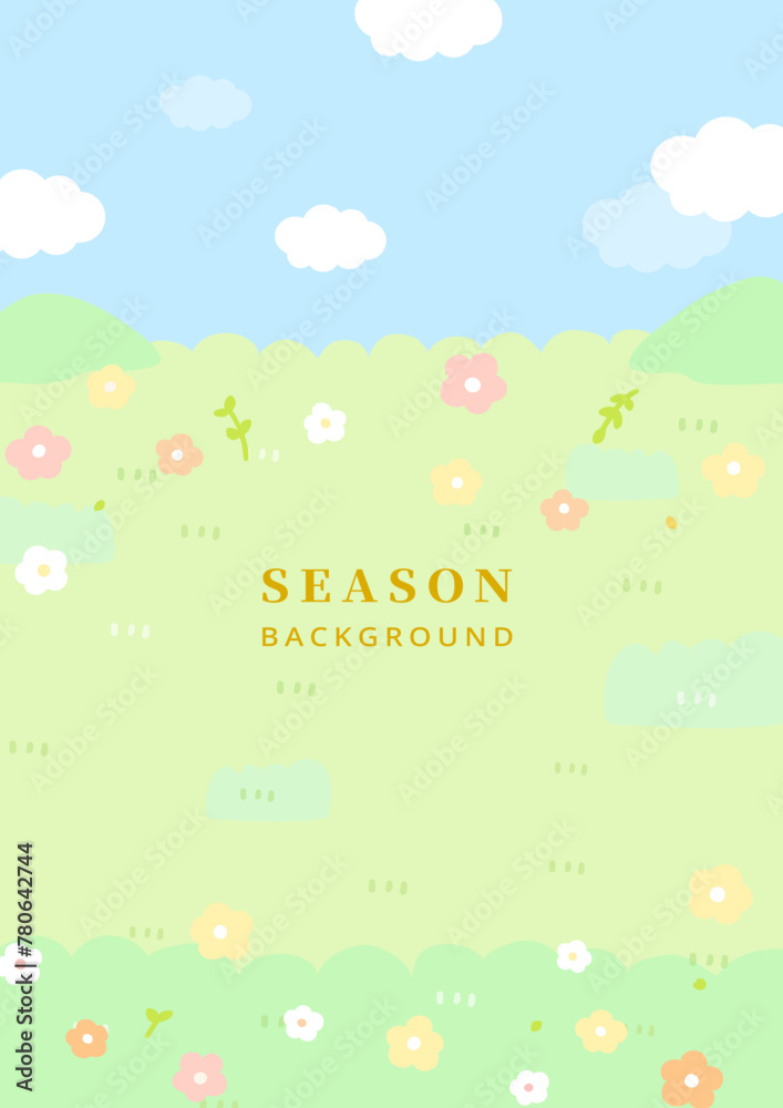 Cute illustration style texture background of green grass flower with blue sky white cloud in spring and summer season Cute illustration style texture background of green grass flower with blue sky white cloud in spring and summer season