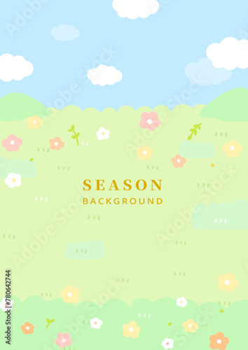 Cute illustration style texture background of green grass flower with blue sky white cloud in spring and summer season