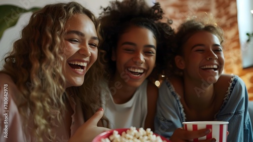 Joyful Teenage Girls Celebrating Movie Night at Home with Popcorn and Laughter