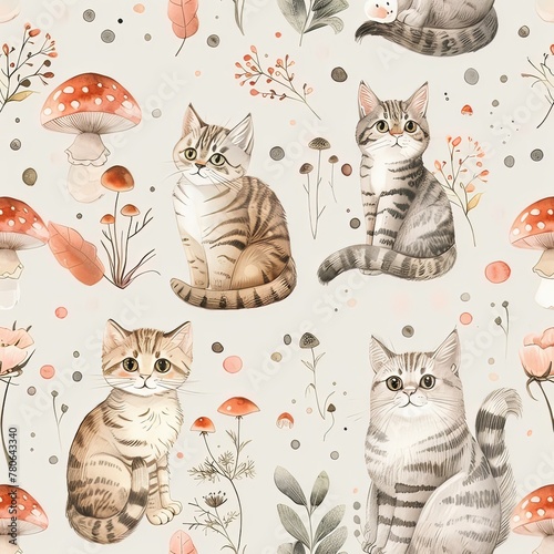  Lovely, pretty watercolor seamless pattern  of cat and flowers, leaves, mushrooms. For fabric, silk, printing.