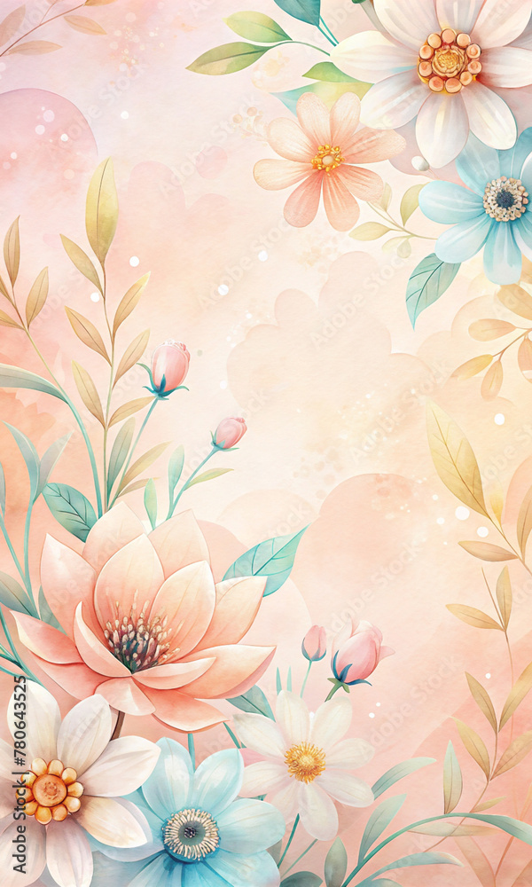 flowers in shades of pink, orange, and blue are spread out over a soft, cream-colored background with delicate speckles and a subtle grunge texture.