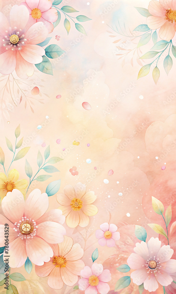 flowers in shades of pink, orange, and blue are spread out over a soft, cream-colored background with delicate speckles and a subtle grunge texture.