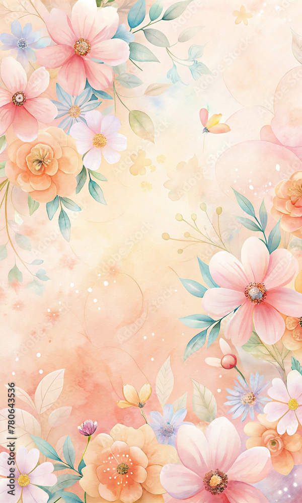 flowers in shades of pink, orange, and blue are spread out over a soft, cream-colored background with delicate speckles and a subtle grunge texture.