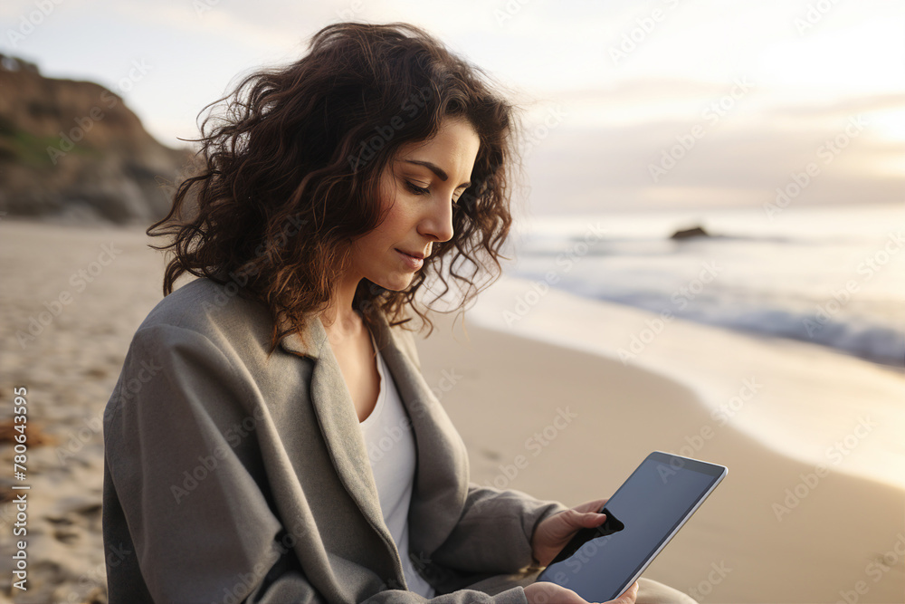 AI generated picture of person working remotely at the sea beach