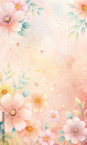 flowers in shades of pink, orange, and blue are spread out over a soft, cream-colored background with delicate speckles and a subtle grunge texture.