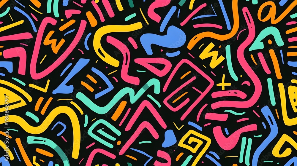 Energetic Doodle Pattern with Vibrant Colorful Shapes and Lines for Dynamic Backgrounds