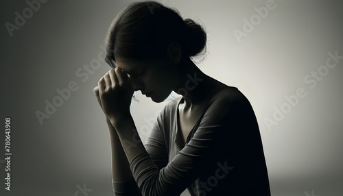 Pensive woman with clasped hands, deep in thought, with blurred figures in the background.