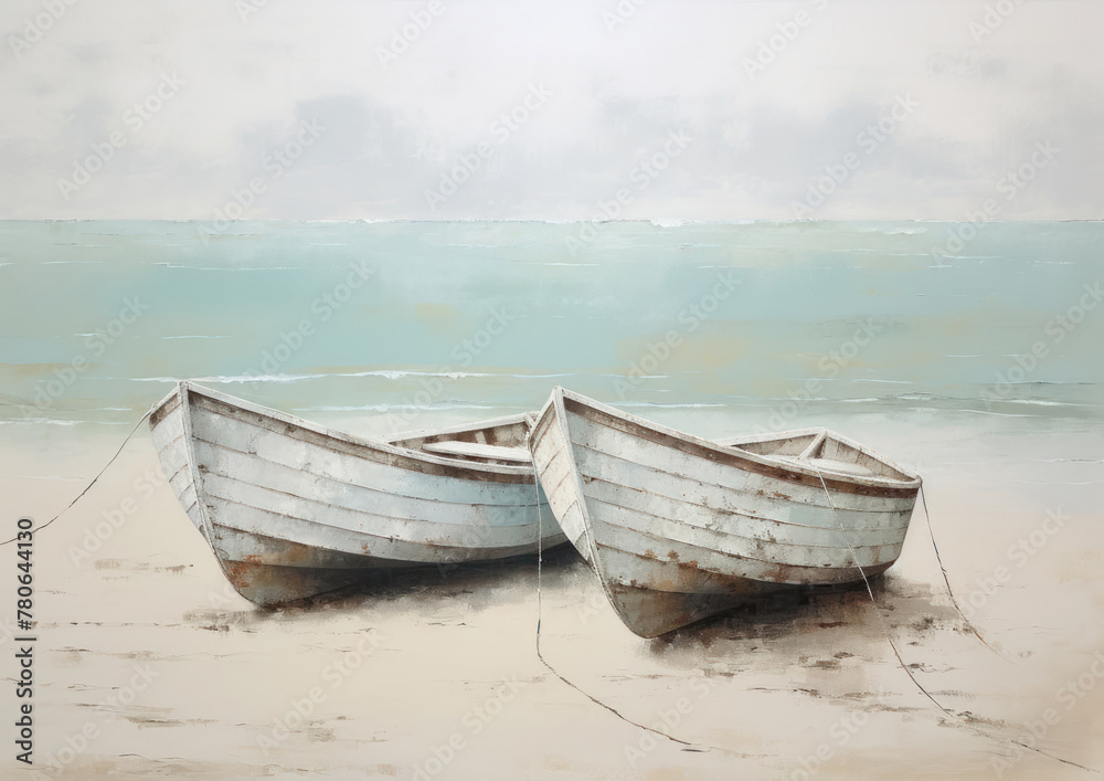 boats on the shore drawing with paints, rowing boats, minimalistic landscape, marine theme, close