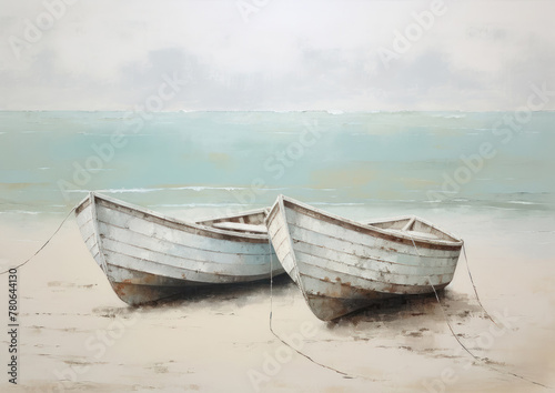 boats on the shore drawing with paints  rowing boats  minimalistic landscape  marine theme  close