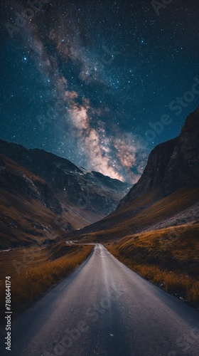 A road leading to distance in a mountain valley with a milky way