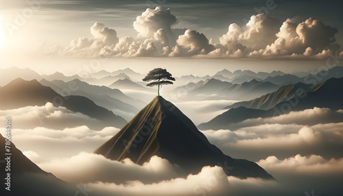 A solitary tree stands atop a misty mountain peak, surrounded by a sea of clouds and distant mountains.
