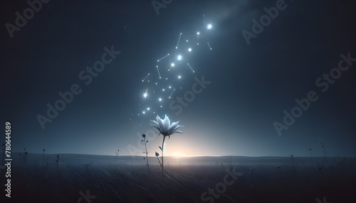 Mystical flower with petals dispersing into a starry night sky over serene mountains.