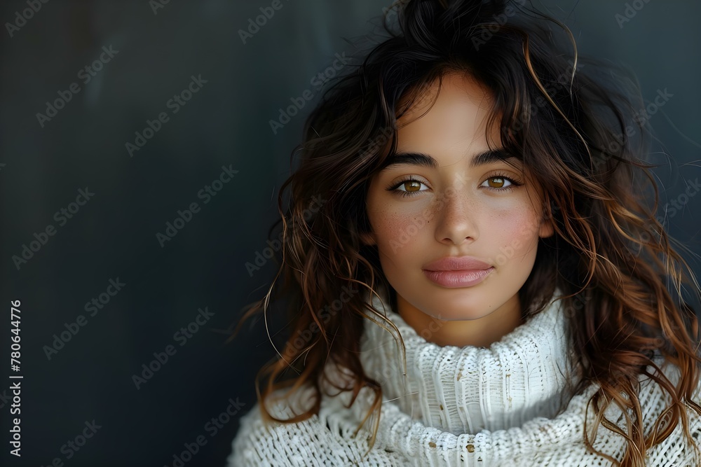 Intimate portrait of young Hispanic woman in white sweater against dark background. Concept Portrait Photography, Fashion Shoot, Creative Lighting, Moody Aesthetics, Emotive Expression Intimate portrait of young Hispanic woman in white sweater against dark background. Concept Portrait Photography, Fashion Shoot, Creative Lighting, Moody Aesthetics, Emotive Expression
