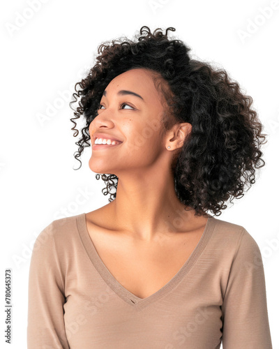 Portrait of a smiling African American woman looking up, isolated on transparent background