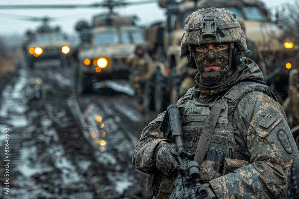 A highly detailed capture of a soldier on watch, with his unit and military vehicles in the background A highly detailed capture of a soldier on watch, with his unit and military vehicles in the background
