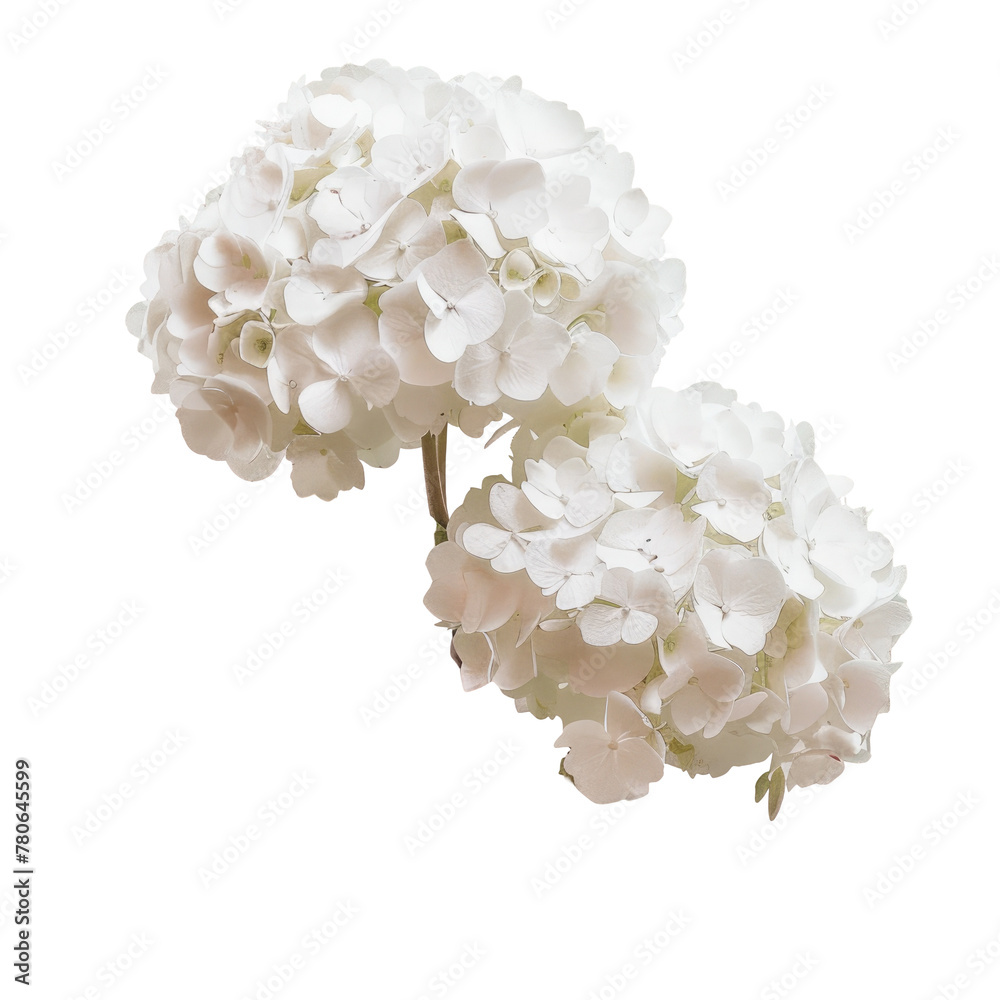 Two white flowers contrast against a transparent background