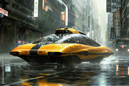 Futuristic taxi cab on the street in the rain. Yellow self driving electric car concept. © WaxWing_Ai