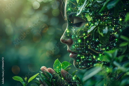 Forward-looking AI interfaces combined with green tech solutions, Profile of female with digital circuit pattern on skin, lush foliage, symbolizes union of human, digital realms in tranquil setting.