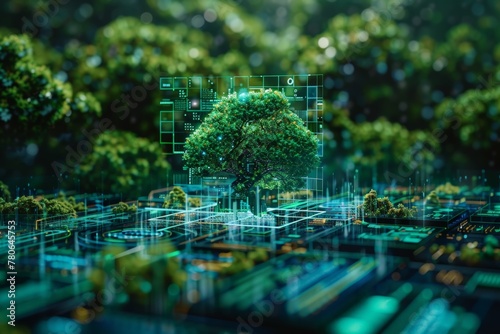 Forward-looking AI interfaces combined with green tech solutions, Vivid tree hologram stands amid intricate network grids, symbolizing sustainable future with blend of nature and advanced technology.