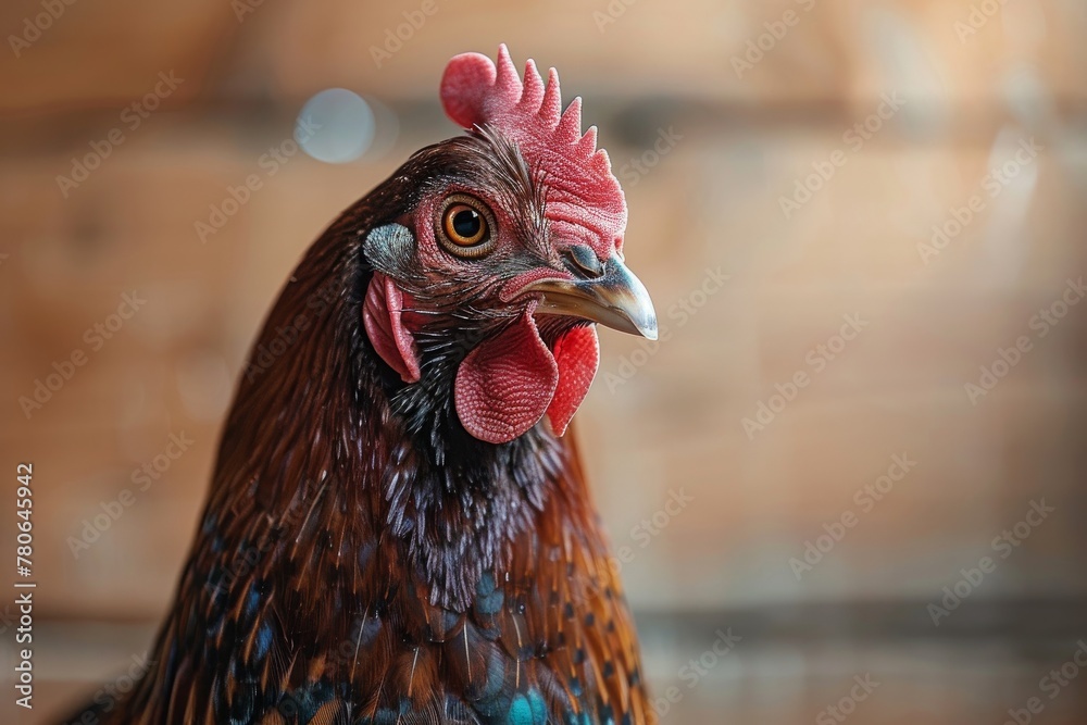 A detailed close-up portrait of a domestic chicken with a sharp focus on its textured feathers and bright red comb