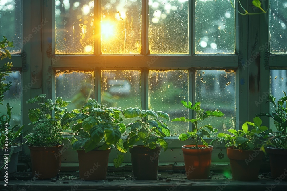 Cozy scene of plant pots basking in sunbeams by a window sill with raindrops, evoking a sense of growth and renewal