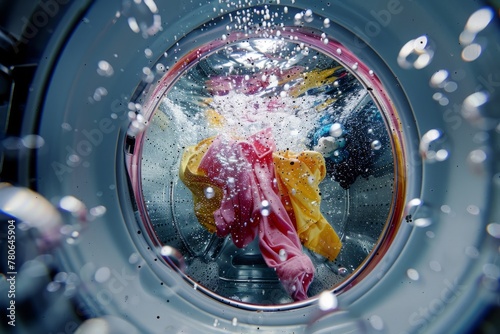 Washing machine with floating clothes with bubbles and water splashing detergent