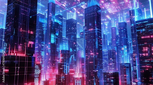 A futuristic cityscape depicted in digital art, with towering skyscrapers connected by luminous bridges, representing the seamless exchange of telecommunication and information.