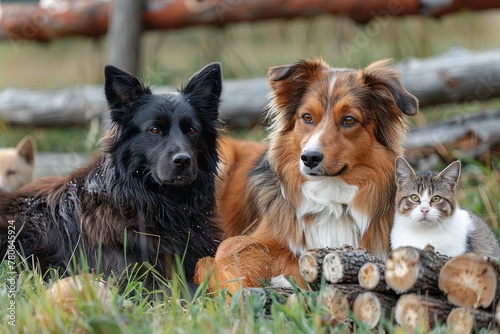 Relaxed Dog and indifferent cat sitting together among logs on the grass with autumn foliage in the background