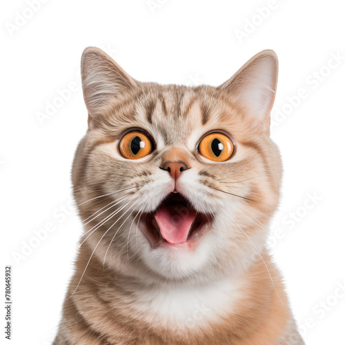Funny orange shorthair cat face close up, isolated on transparent background