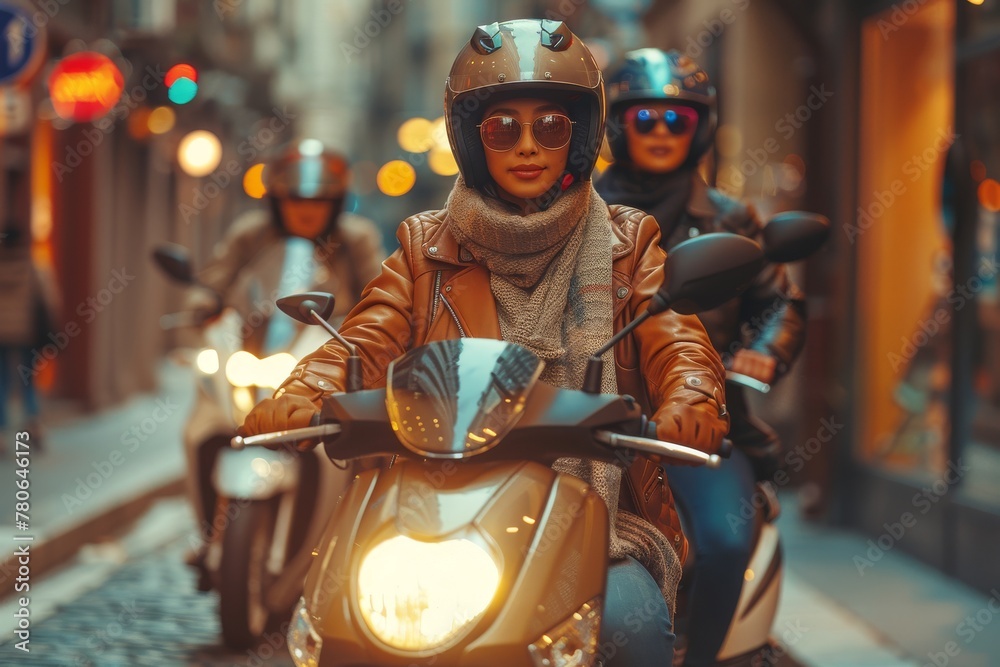 Two stylish women on scooters wear helmets and leather jackets in an urban setting at dusk