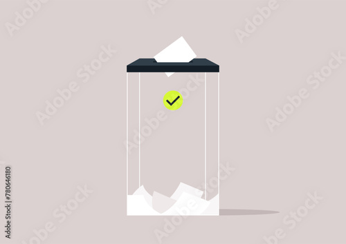 A transparent ballot box, made of clear plastic or glass, allowing for visibility of its contents, a blank inserted through a slot on the top of the box