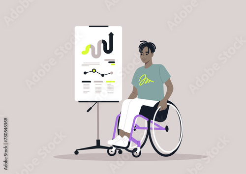 Empowered Visionary Presenting a Strategic Plan, A confident individual in a wheelchair showcases a marketing concept on a flip chart